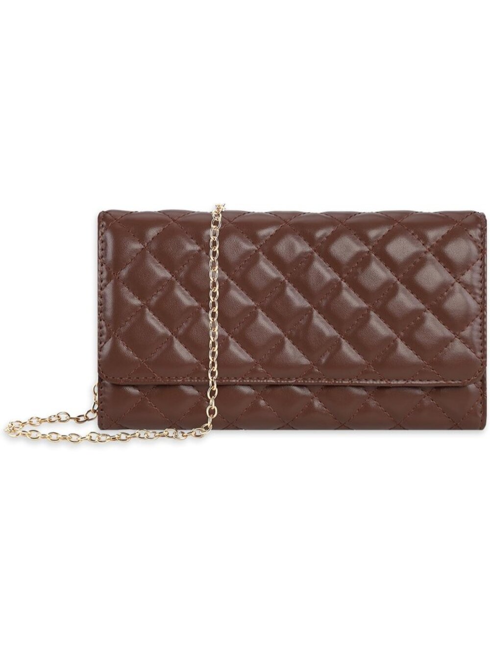 Women's Quilted Brown Clutch Purse Removable Gold Chain Evening Crossbody Bags